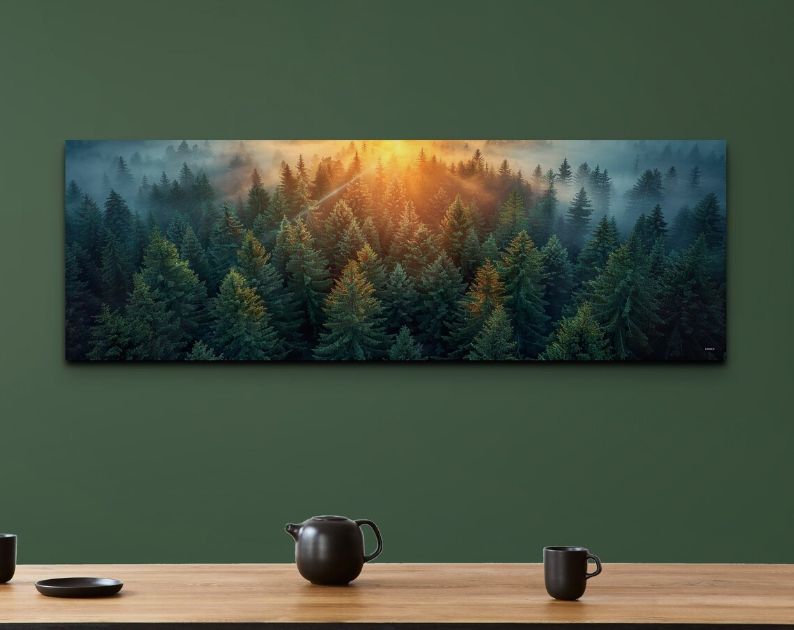 Golden Sunset Glow Over Foggy Pine Forest Landscape Nature Poster