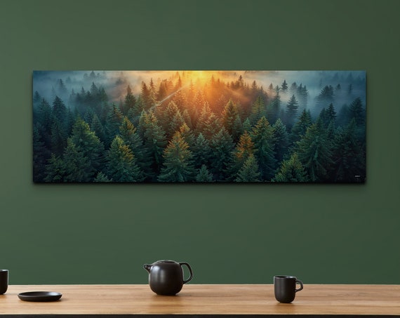 Sunset In The Forest Wall Art Print Panoramic Wall Decor Livingroom Ready To Hang Nature Decor Sunrise In A Pine Forest
