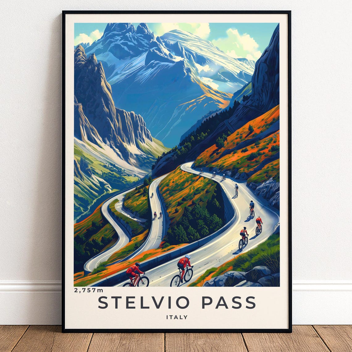 Stelvio Pass Italy Winding Switchbacks Cycling Climb Vintage Poster