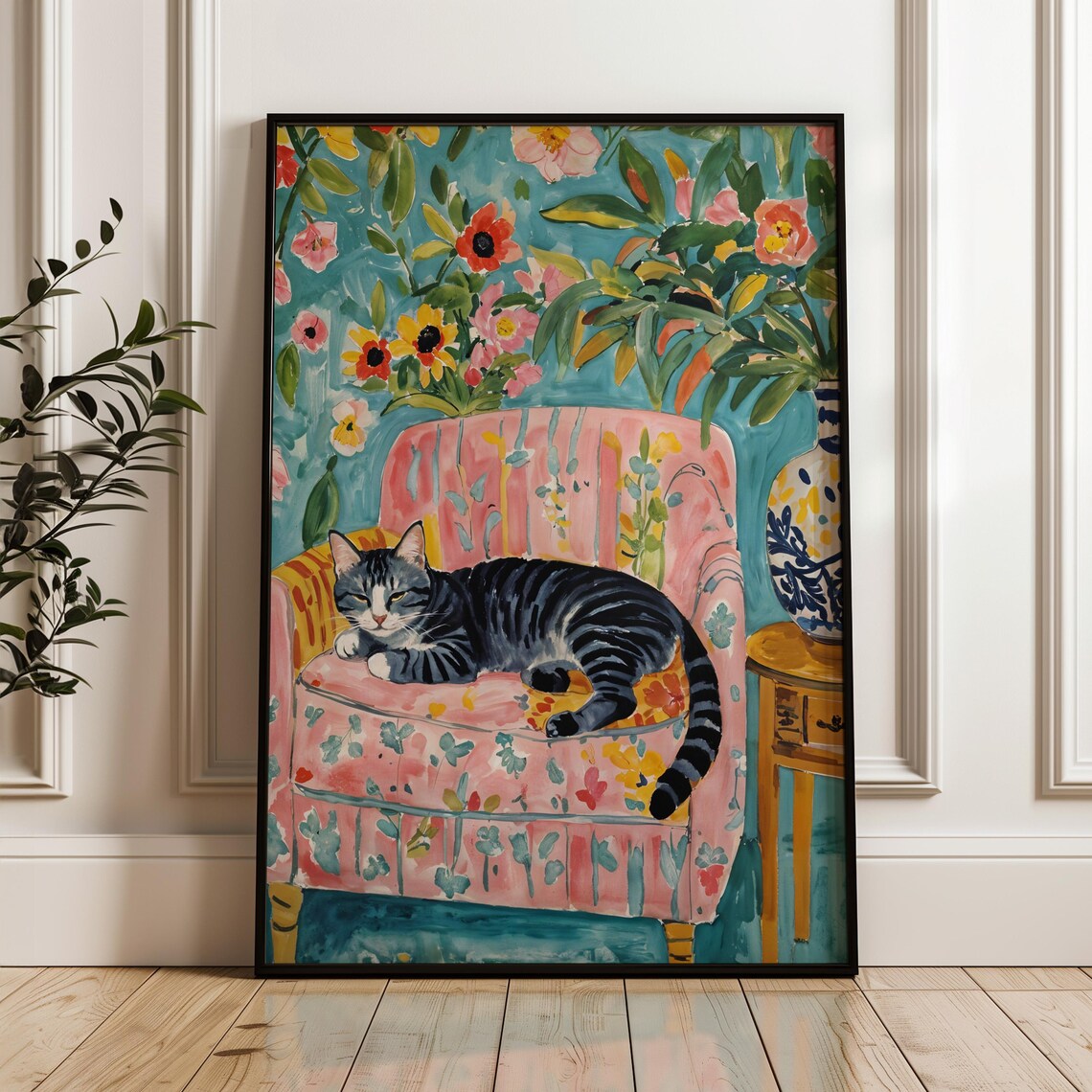 Henri Matisse Style Tabby Cat Resting On Floral Chair Art Poster