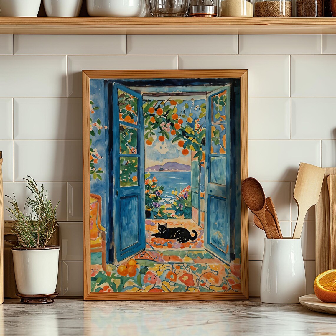 Henri Matisse Style Black Cat At Blue Doors Sea View Fauvist Poster - Image 3