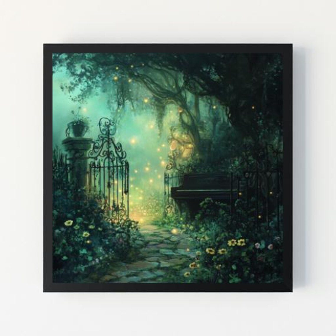 Enchanted Garden Night Fireflies Secret Gate Fantasy Art Poster