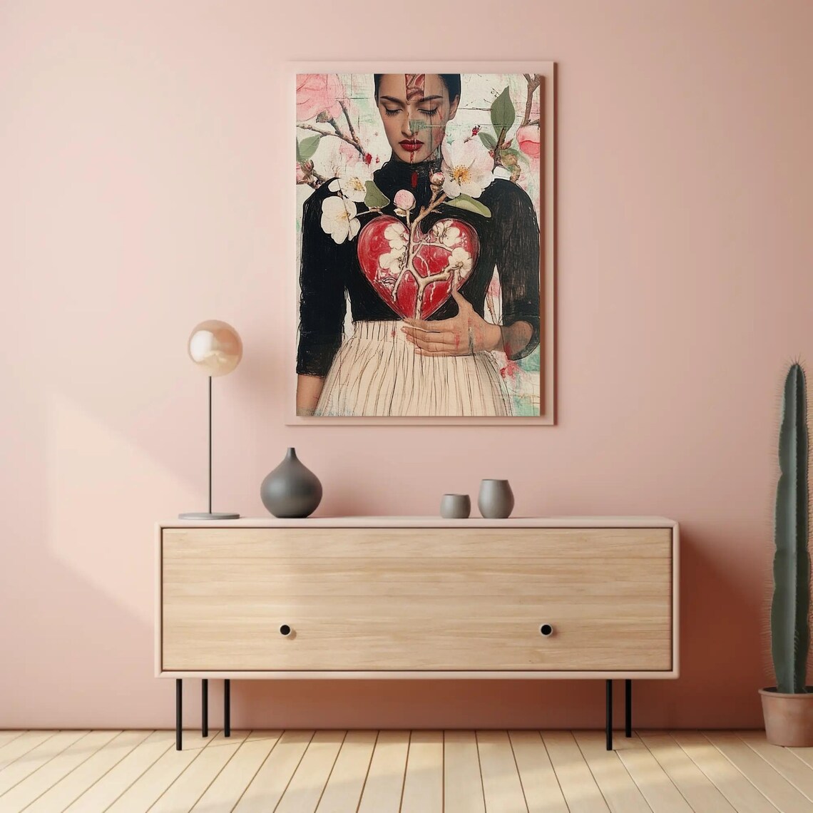 Anatomical Heart Cherry Blossom Woman Surreal Collage Poster - Image 2