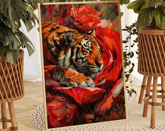 Tiger Floral Print Bedroom Wall Art Floral Home Decor Apartment Decor Aesthetic Wall Art Trendy Maximalist Wall Art Eclectic Home Decor