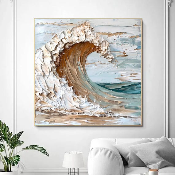 Original Ocean Beach Art Waves 3d Textured Painting Large Blue Brown Wall Art Abstract Simple Seascape Painting Surf Gift Art