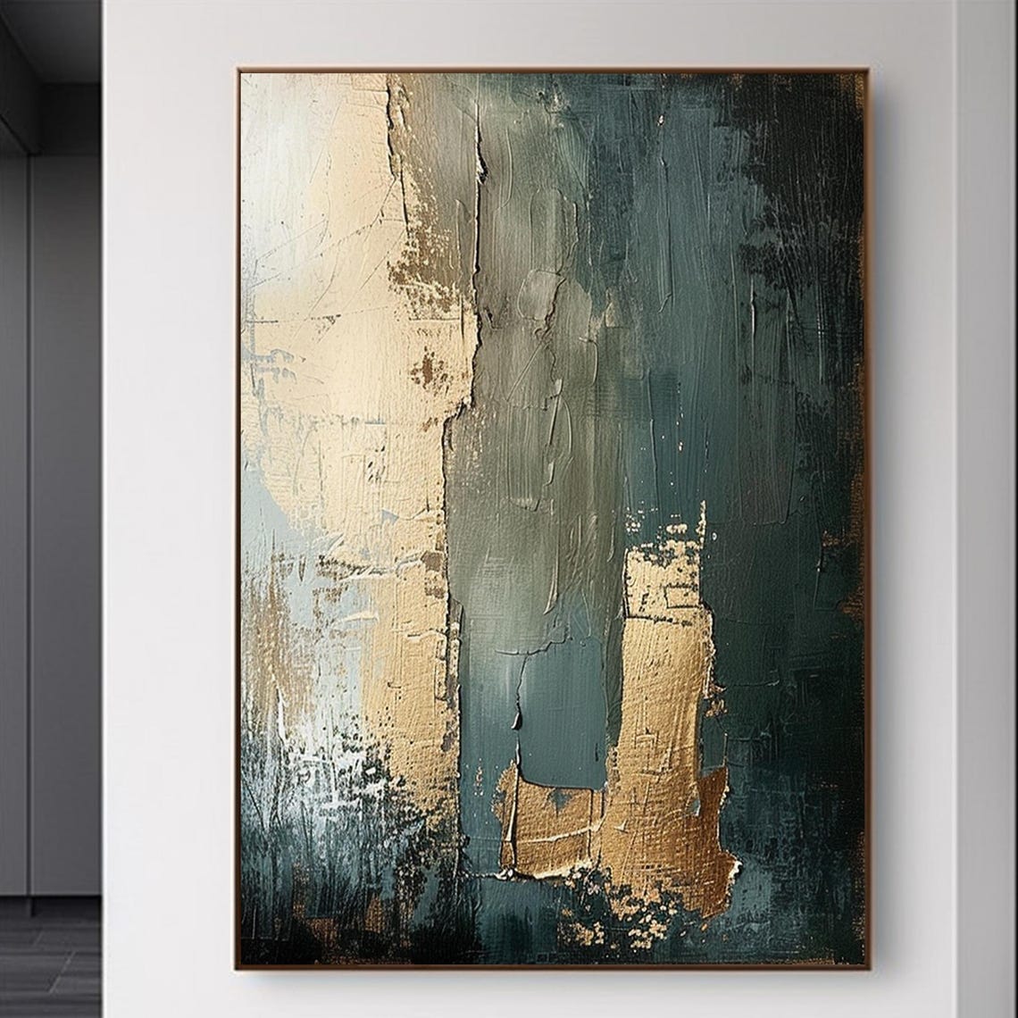 Teal Gold Abstract Vertical Bands Textured Modern Decor Art Poster