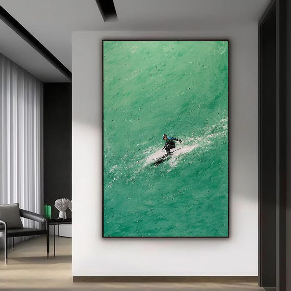 Large Green Ocean Painting Wall Art Man Surfing In Green Ocean Man Surfing Acrylic Painting Green Ocean Painting Personalized Gift