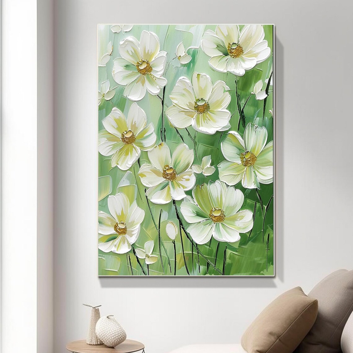 White Blossoms Gold Centers Pale Green Botanical Painting Art Poster