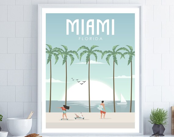 Miami Florida Beach Palms Surfer Skateboard Retro Travel Poster