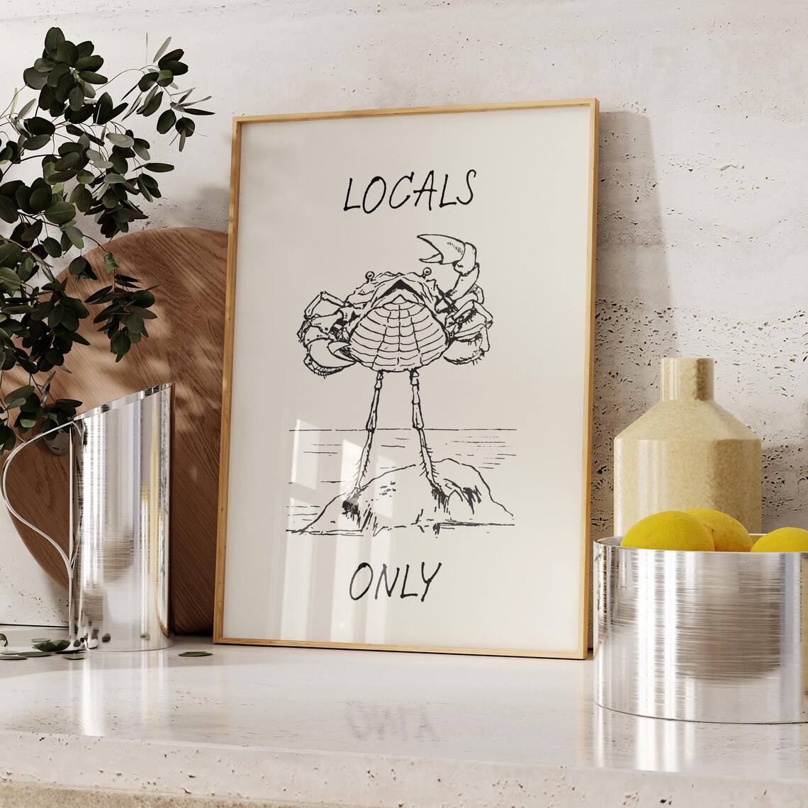 Locals Only Funny Crab Minimalist Coastal Line Art Beach House Poster