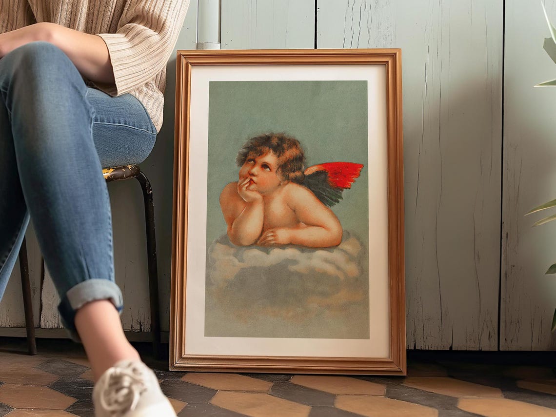 Cherub Angel Vintage Classic Painting Cloud Muted Green Poster - Image 3