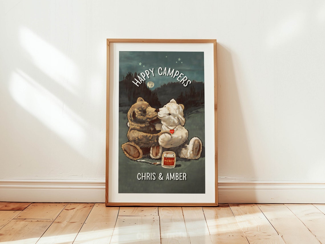 Happy Campers Teddy Bear Couple Starry Night Honey Love Poster