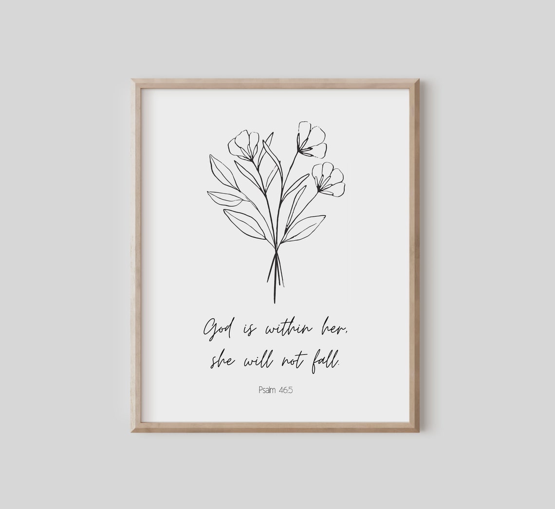 Psalm 46:5 God Is Within Her Minimalist Line Art Floral Wall Art