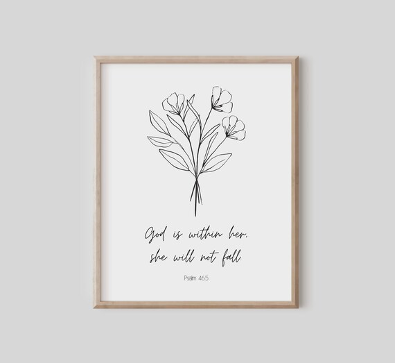 Psalm 46:5 God Is Within Her Minimalist Line Art Floral Wall Art