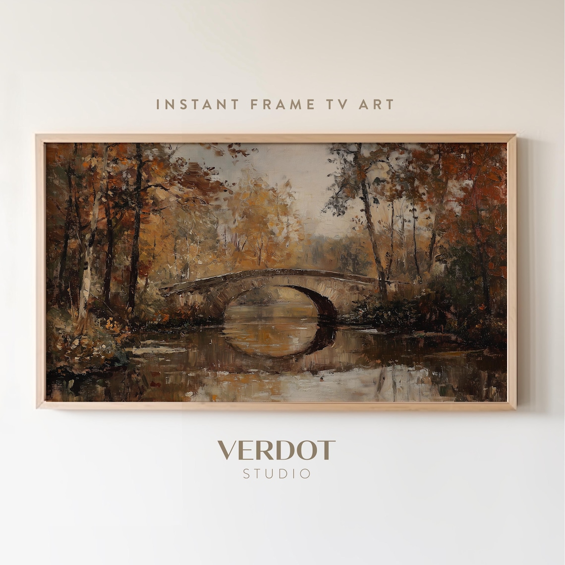 Fall Bridge Vintage Landscape River Forest Art Print
