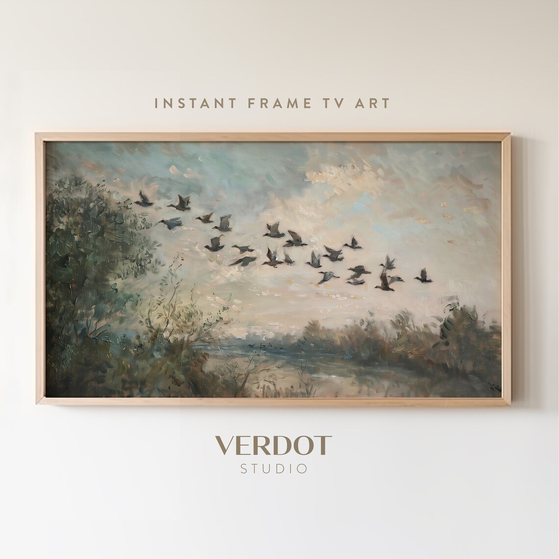 Flying Bird Flock Vintage Style Landscape Art Print