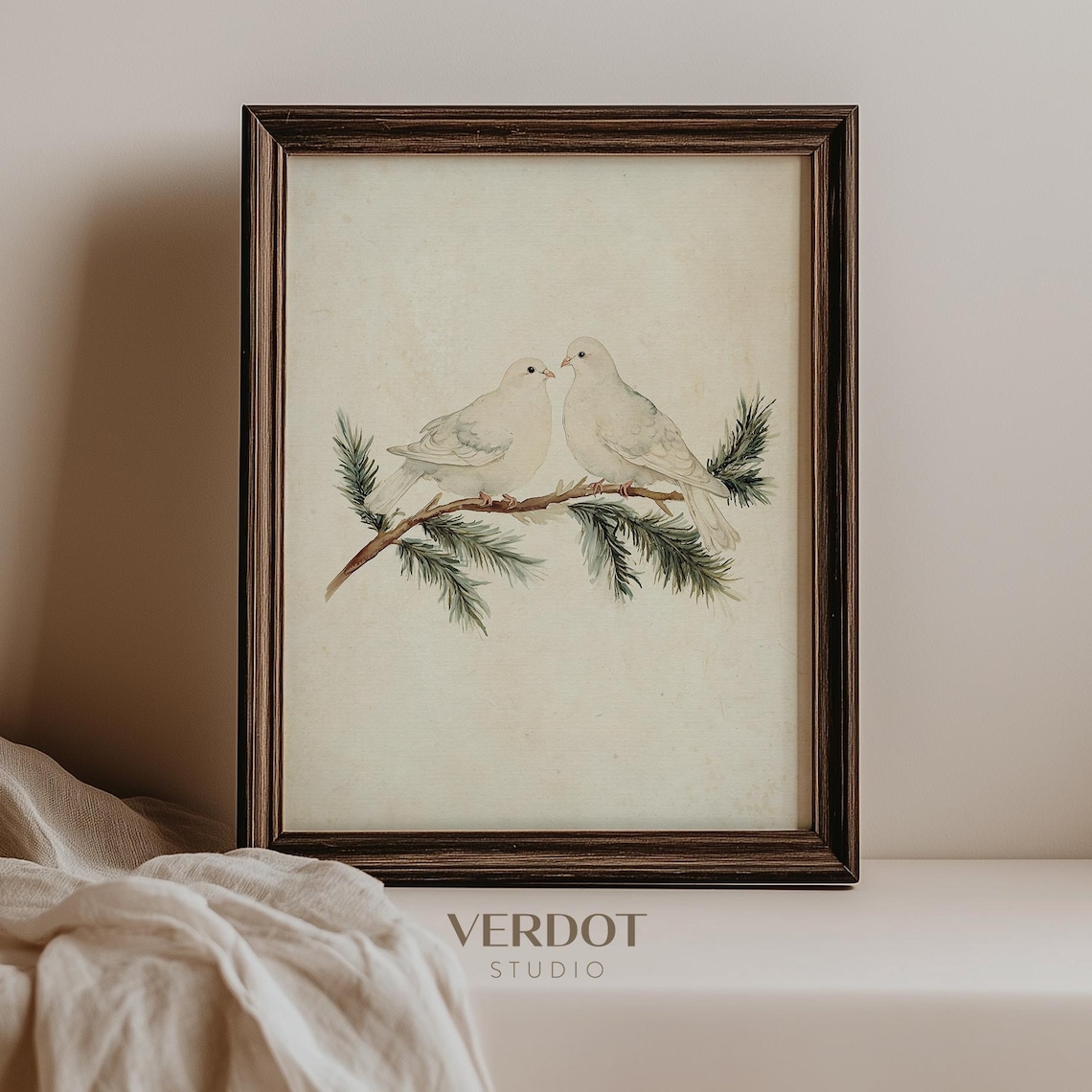 Vintage Christmas Winter Doves Art Print, Neutral Birds