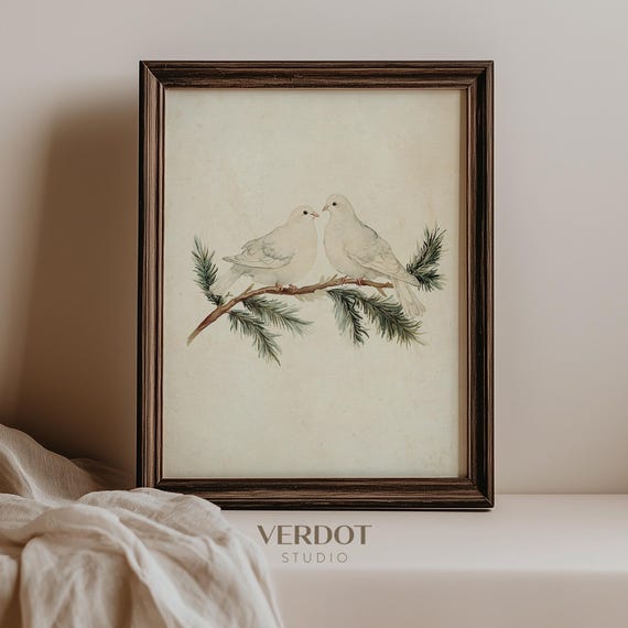 Vintage Christmas Winter Doves Art Print, Neutral Birds