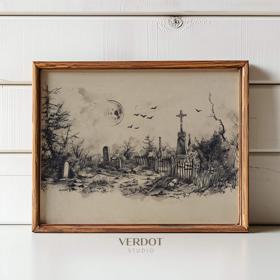Graveyard Sketch Halloween Art Print, Rustic Fall