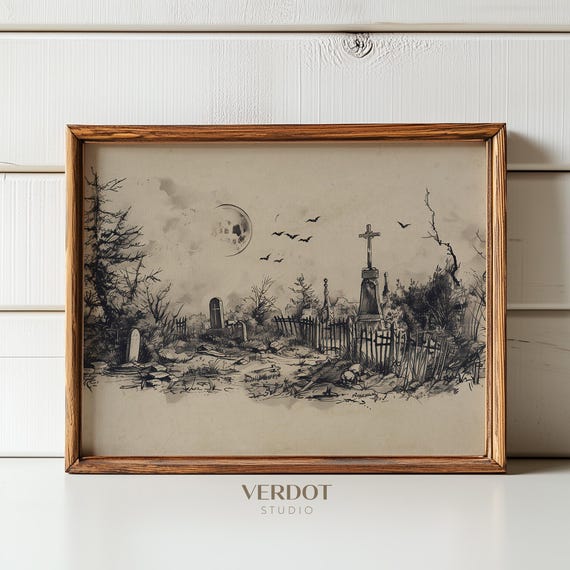 Graveyard Sketch Halloween Art Print, Rustic Fall