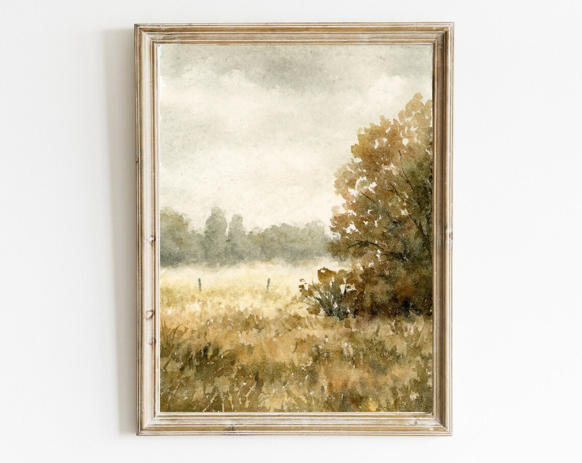 Misty Meadow Watercolor Landscape Golden Autumn Field Poster