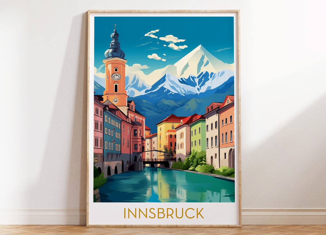 Innsbruck Riverside Old Town Alpine Peaks Austria Travel Poster