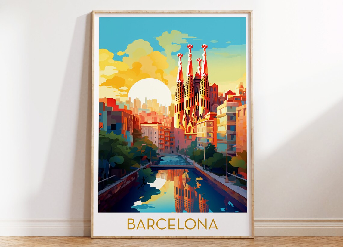 Barcelona Sagrada Familia Sunset Canal Reflection City Poster