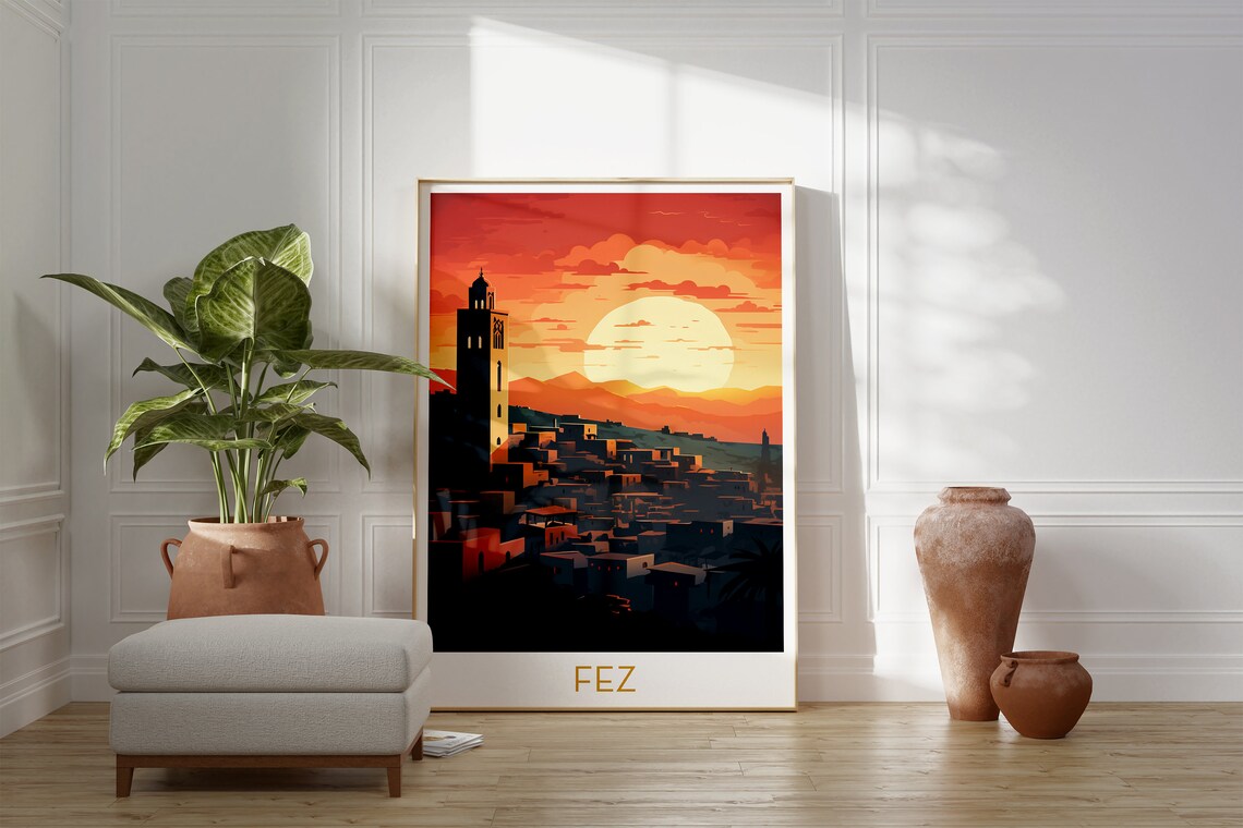 Fez Morocco Medina Sunset Minaret Historic Old City Travel Poster - Image 2