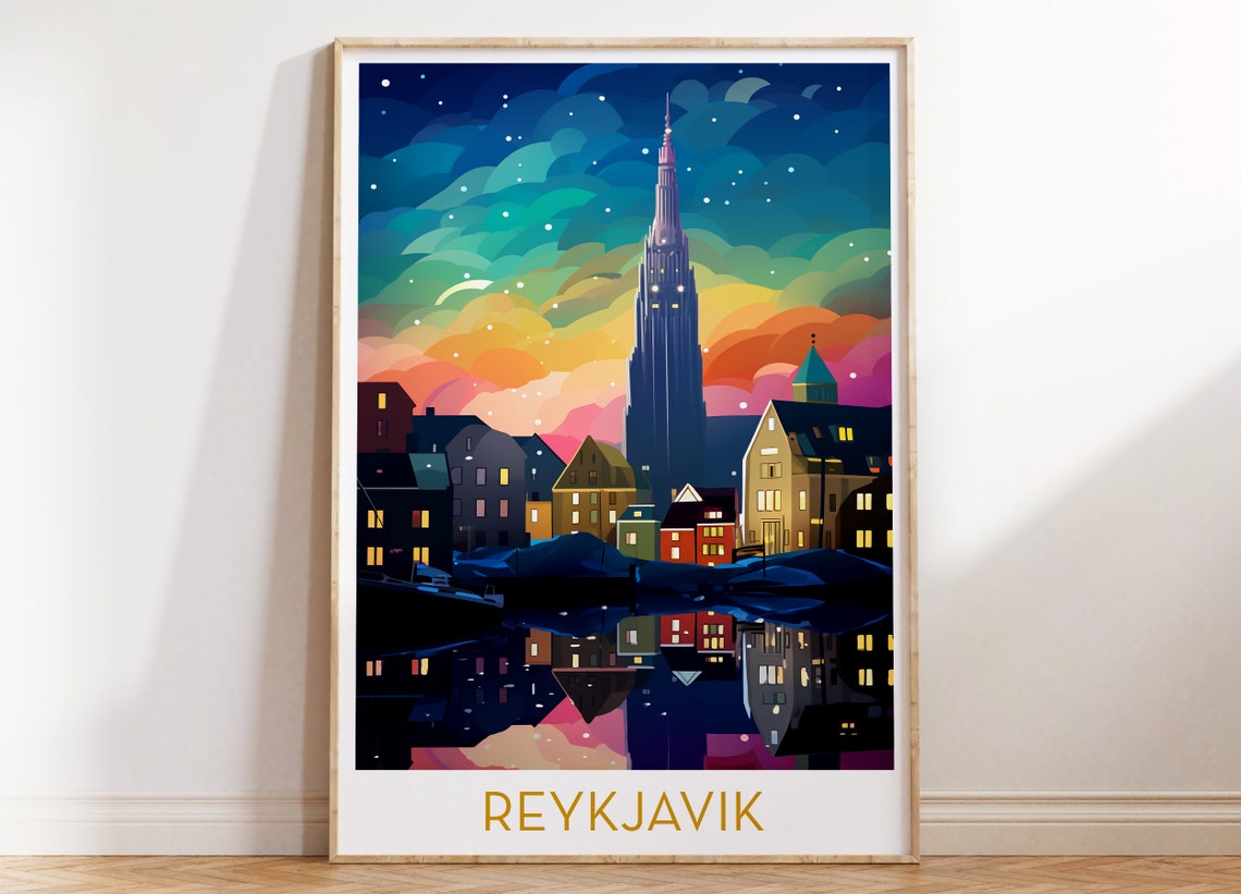 Reykjavik Iceland Starry Night Skyline Colorful Pop Art Travel Poster