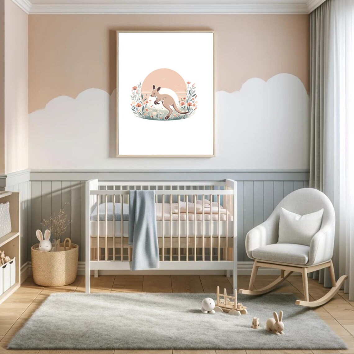 Kangaroo Joey Sunrise Wildflowers Pastel Nursery Illustration Wall Art - Image 5