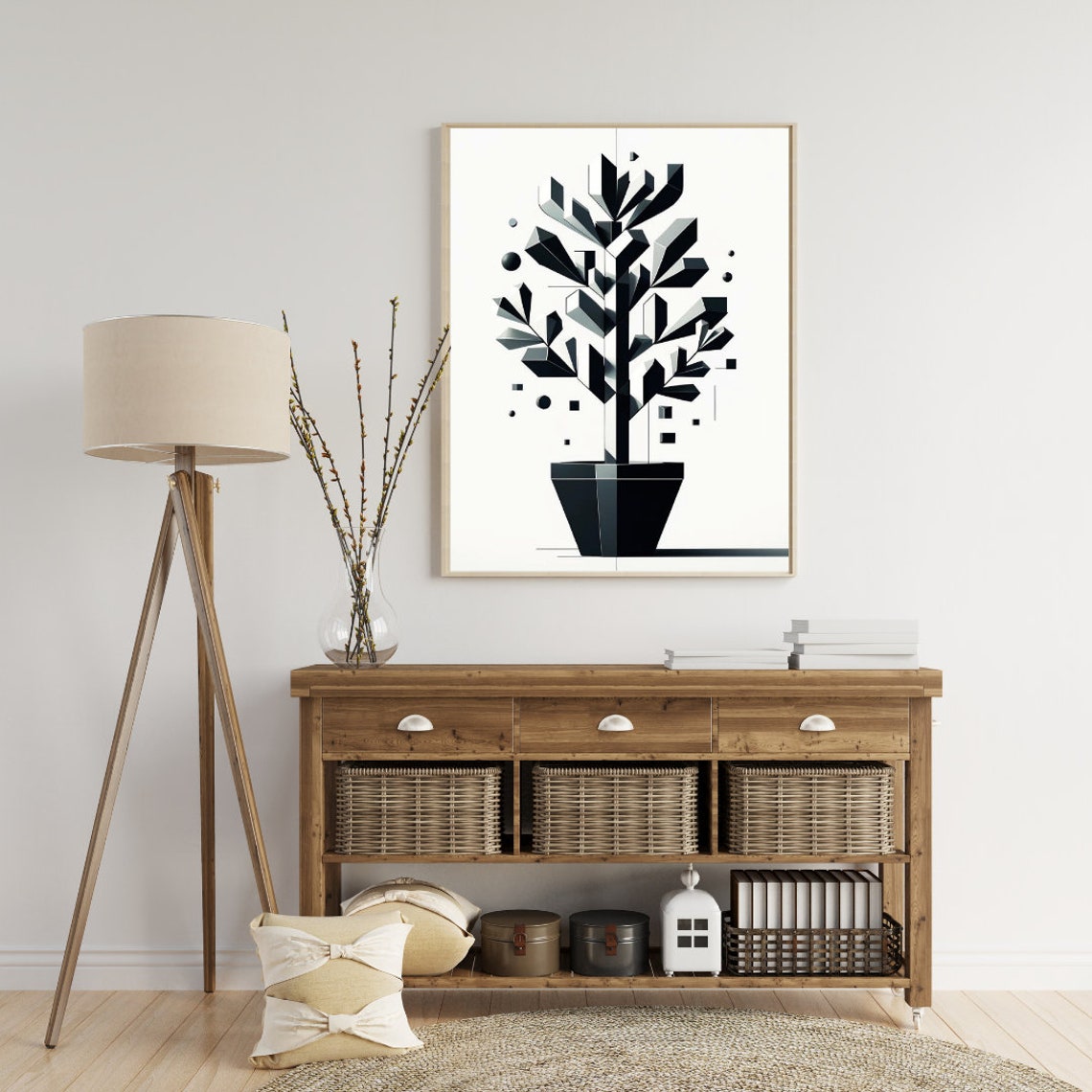 Monochrome Geometric Potted Tree Art Sleek Black And White Abstract Decor Minimalist Tree Design Print For Modern Spaces - Image 4