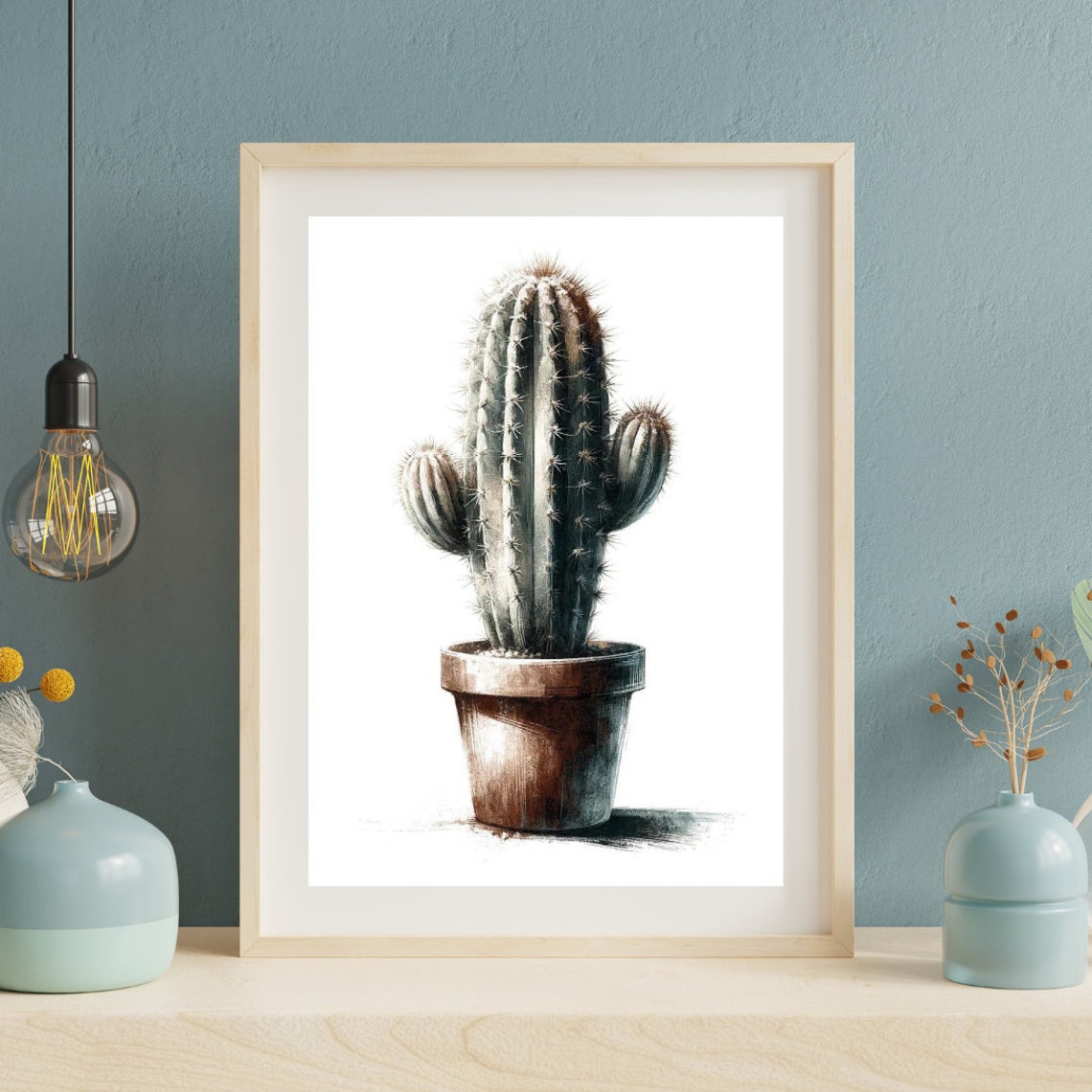 Tall Columnar Cactus Rustic Pot Natural Watercolor Art Poster - Image 3