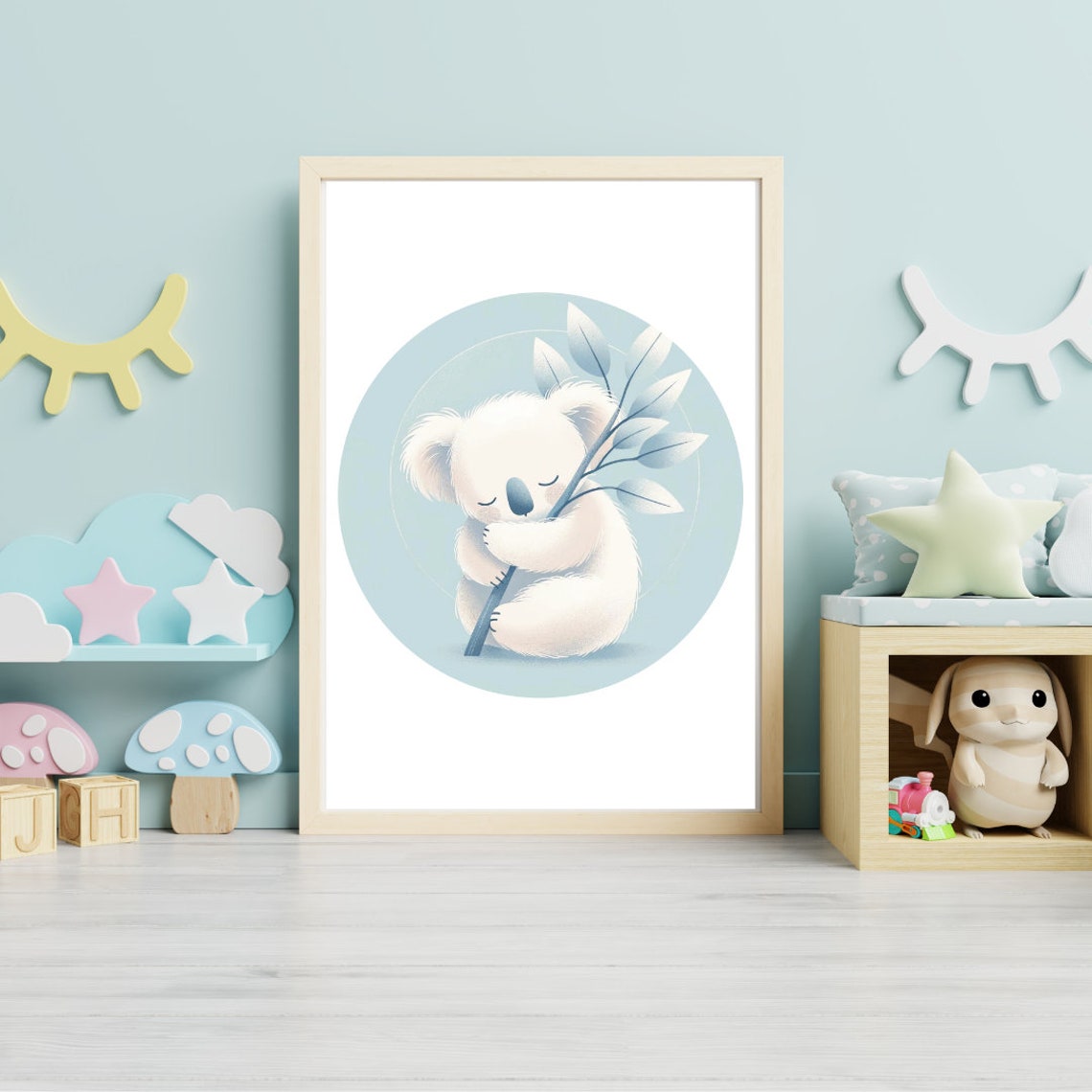 Sleeping Koala Hugging Eucalyptus Branch Blue Nursery Wall Poster - Image 4