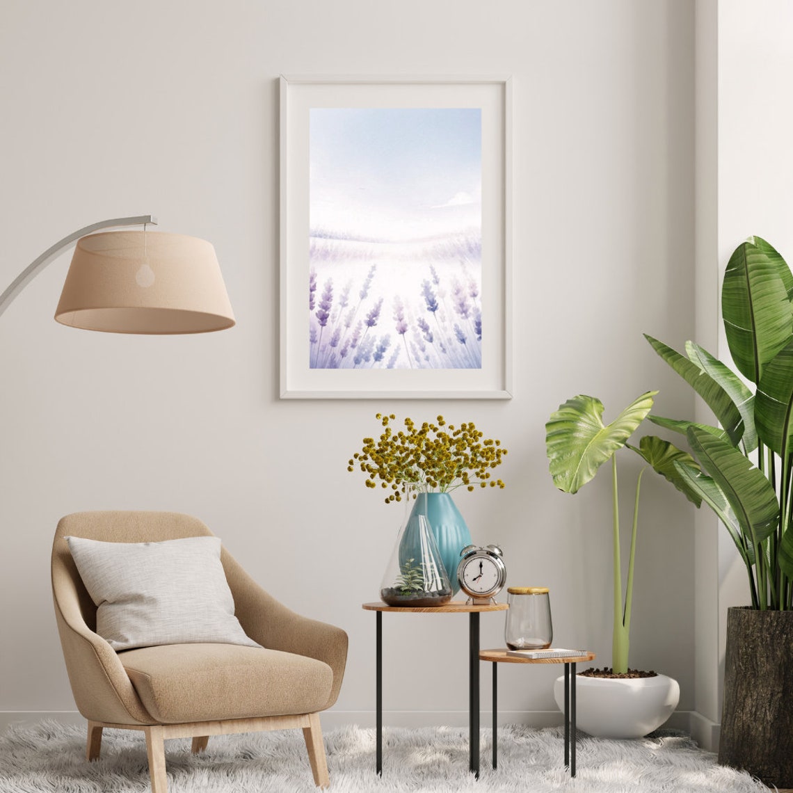 Soft Lavender Field Rows Calming Watercolor Landscape Poster - Image 4