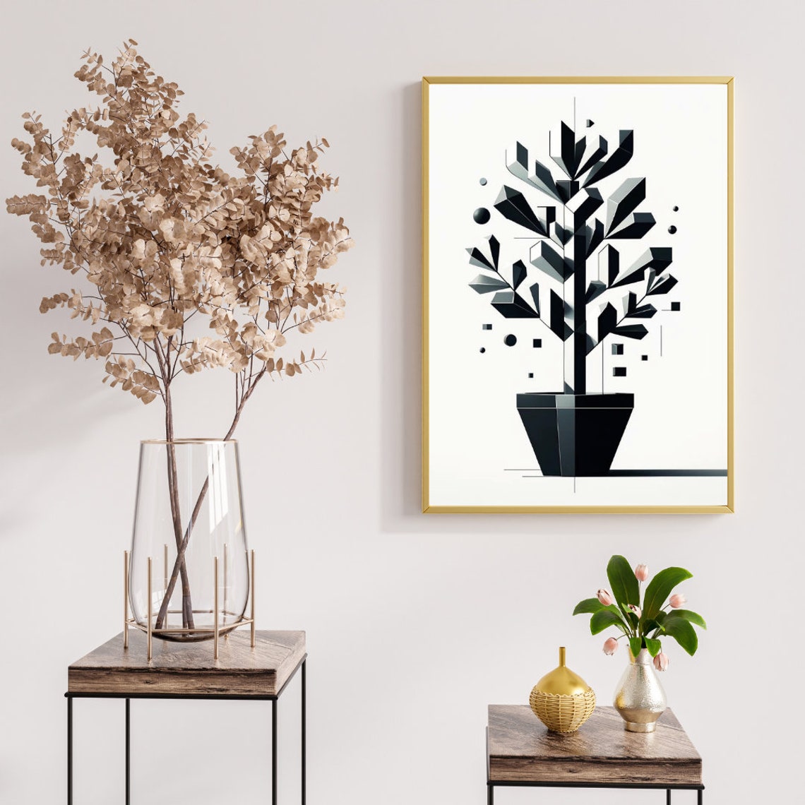 Monochrome Geometric Potted Tree Art Sleek Black And White Abstract Decor Minimalist Tree Design Print For Modern Spaces - Image 2