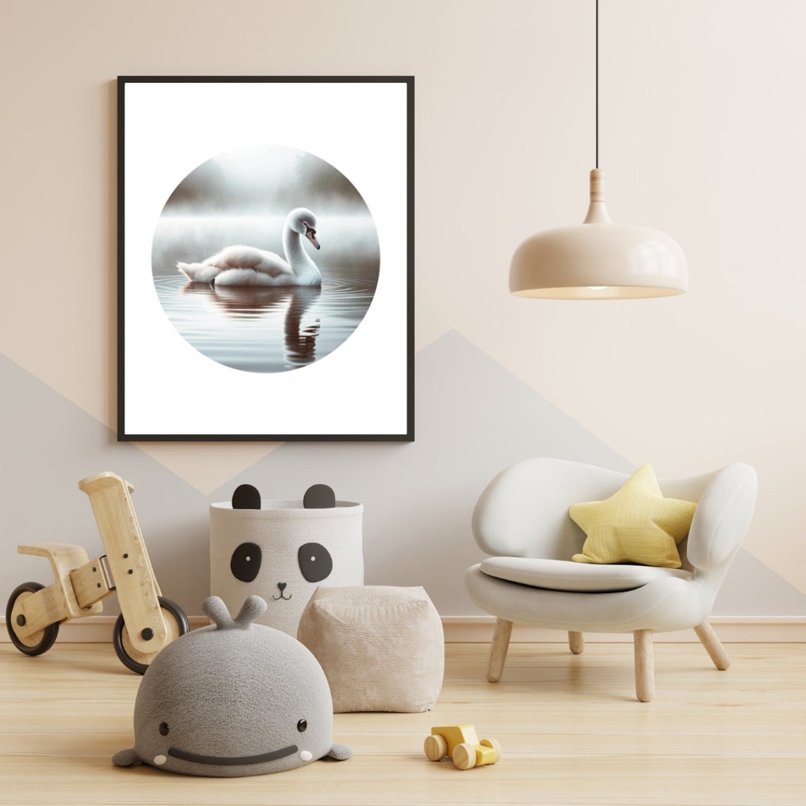 White Swan Misty Lake Calm Water Reflection Grey Nursery Poster - Image 5