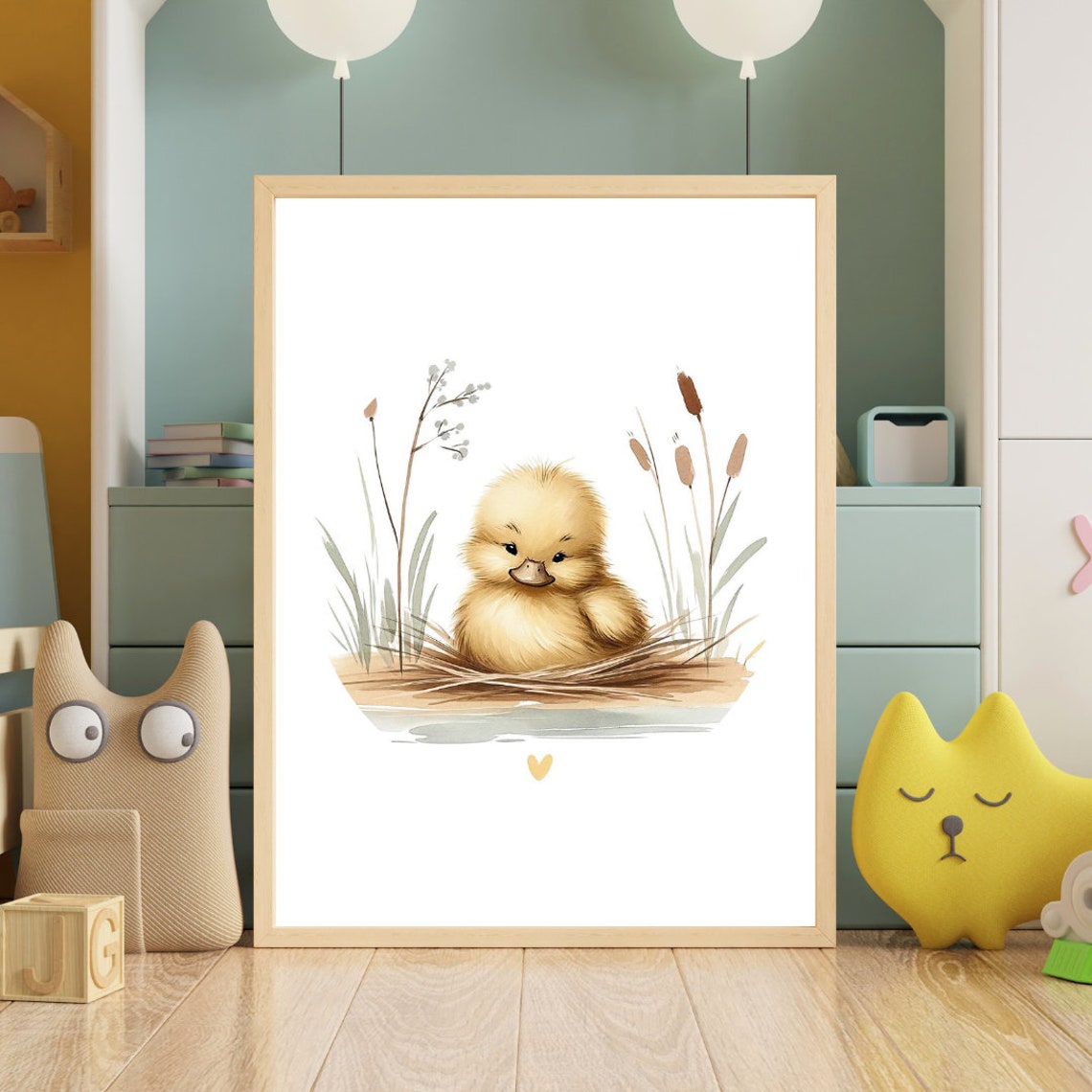Fluffy Baby Duckling Pond Reeds Cute Watercolor Nursery Wall Poster