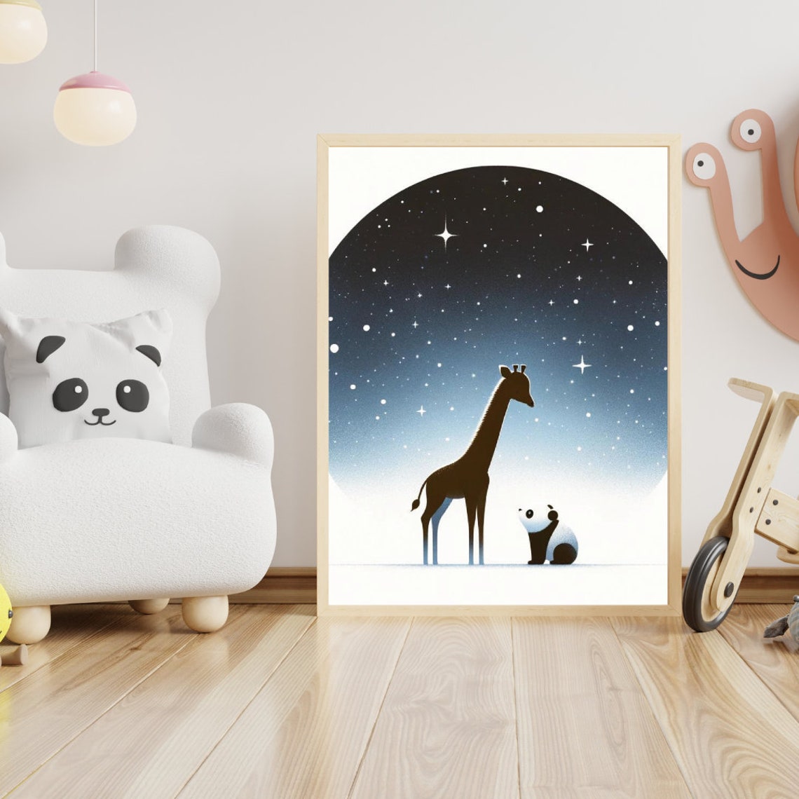 Giraffe Panda Starry Night Silhouette Magical Nursery Kids Wall Art - Image 5