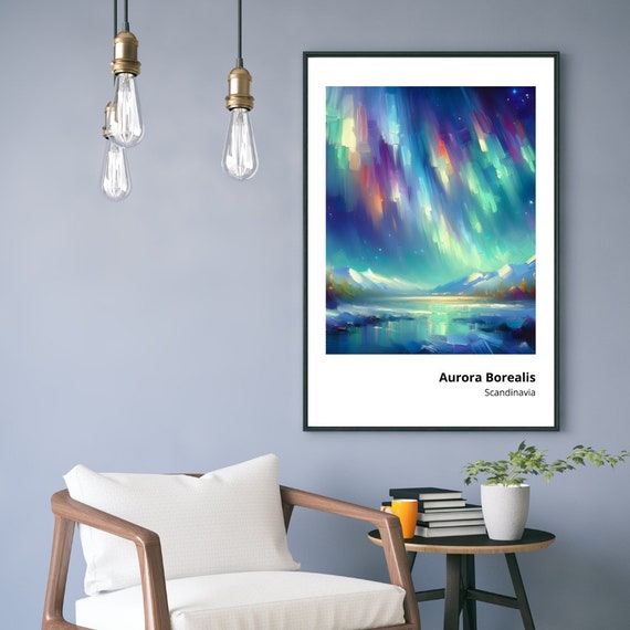 Aurora Borealis Art Print Stunning Painting Of Northern Lights Vibrant And Ethereal Wall Decor Scandinavian Night Sky Art