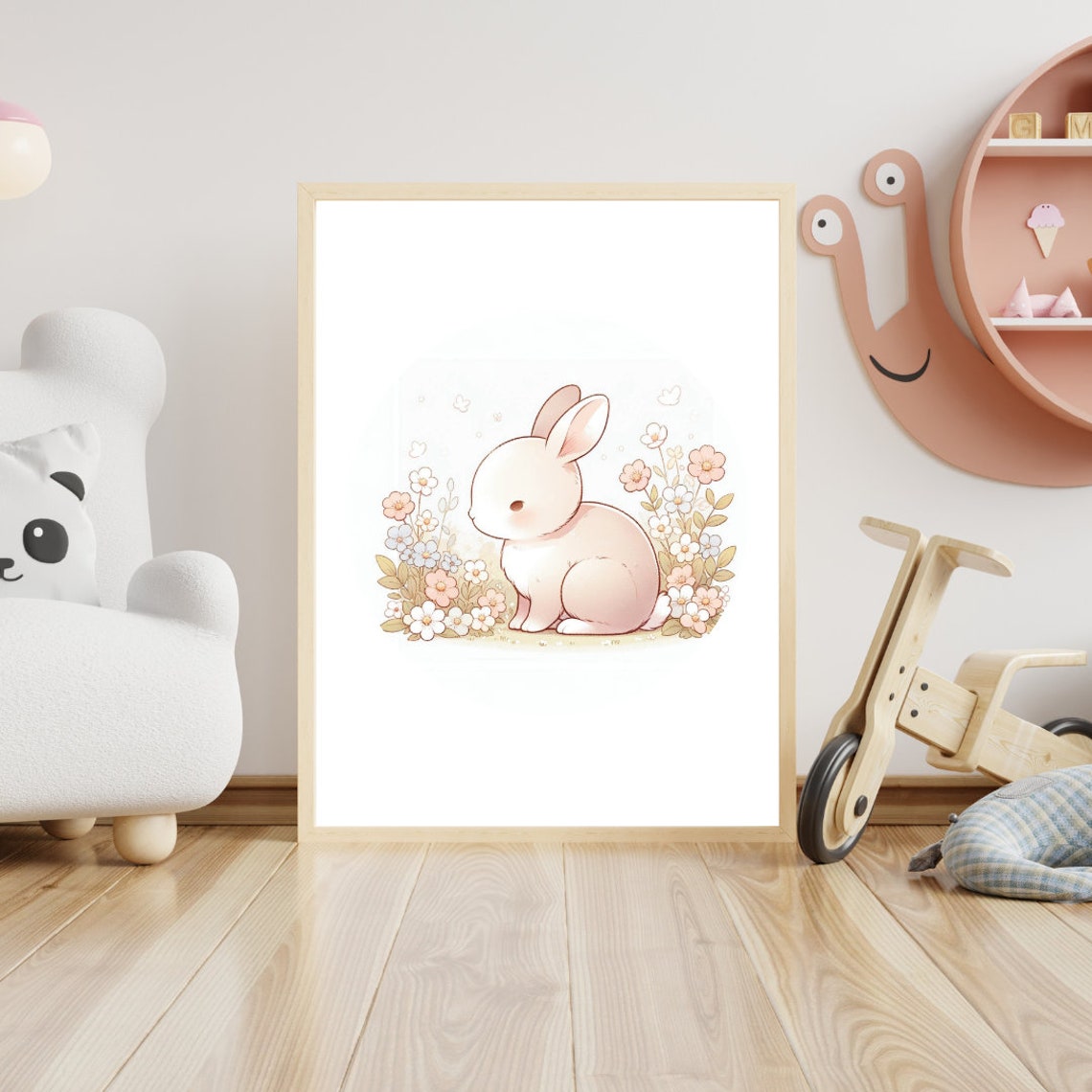 Soft Pink Bunny Wildflowers Spring Bloom Nursery Wall Poster - Image 5
