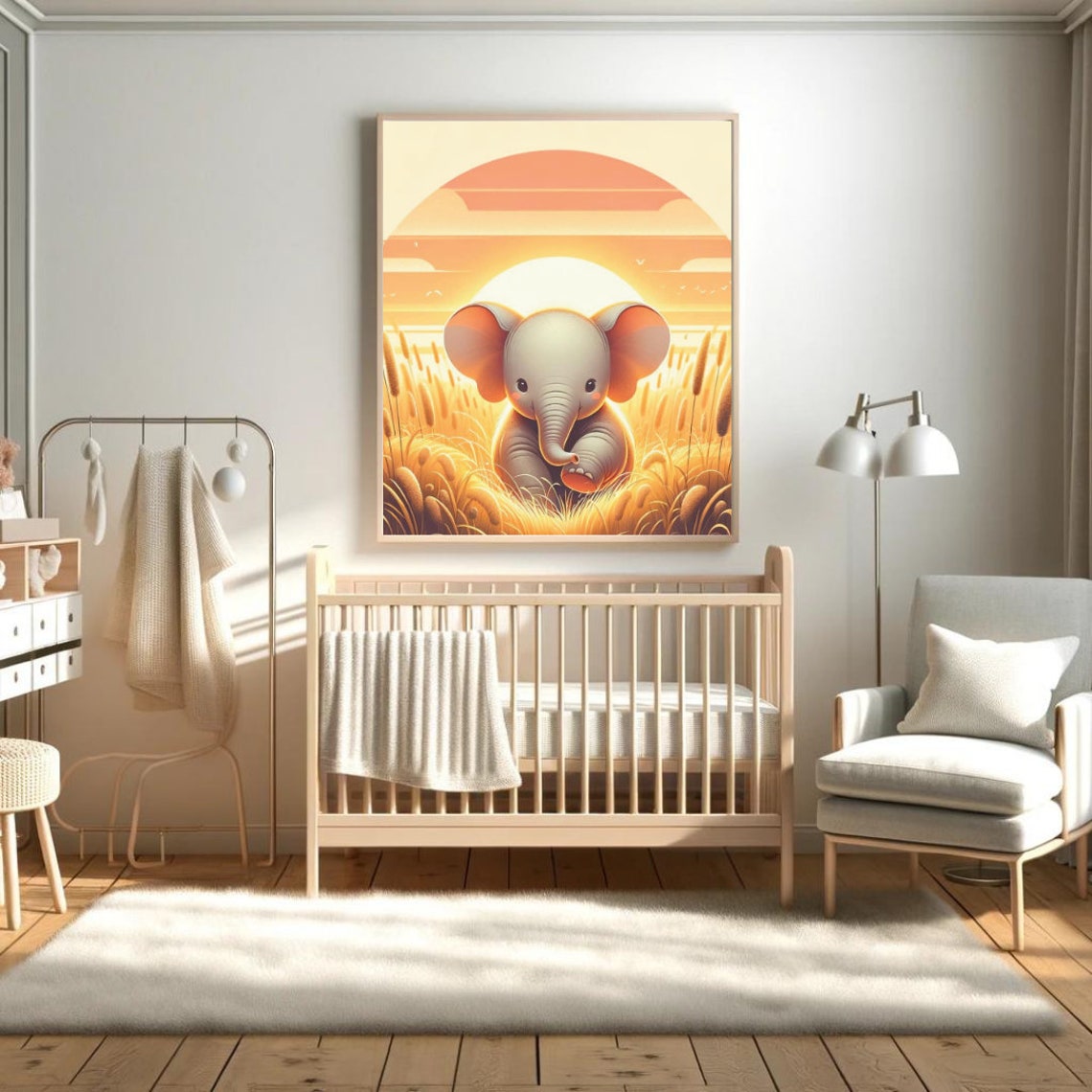 Baby Elephant Golden Sunset Savannah Nursery Warm Wonder Poster - Image 2