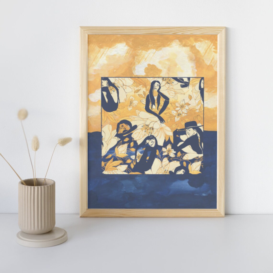 Elegant Navy And Gold Women Among Golden Blooms Contemporary Art Print