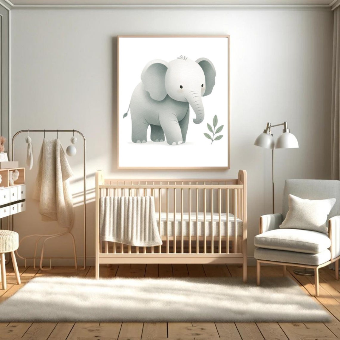 Baby Elephant Soft Gray Minimalist Nursery Sweet Calm Kids Wall Art