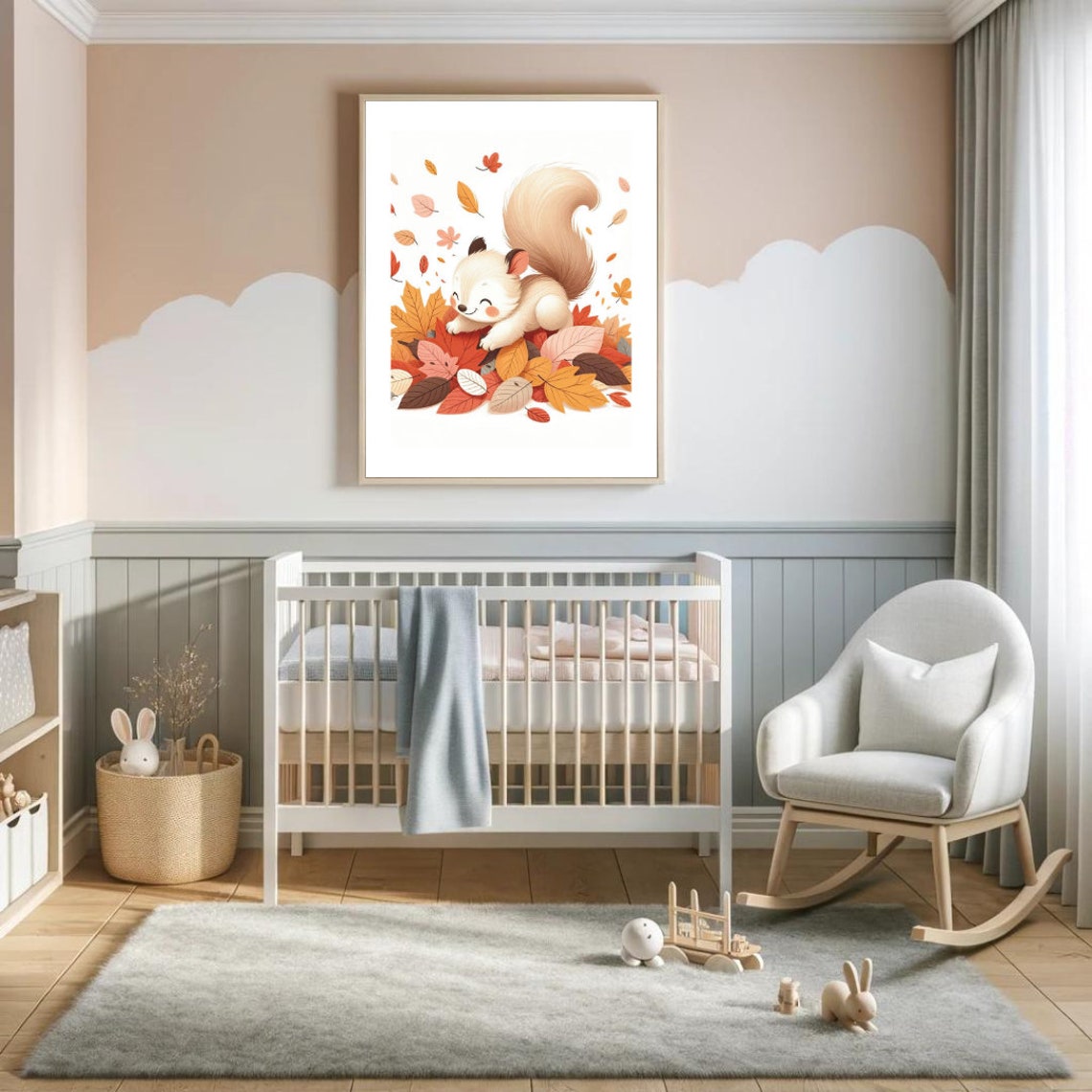 Baby Squirrel Autumn Leaves Playful Fall Forest Cute Nursery Wall Art - Image 4