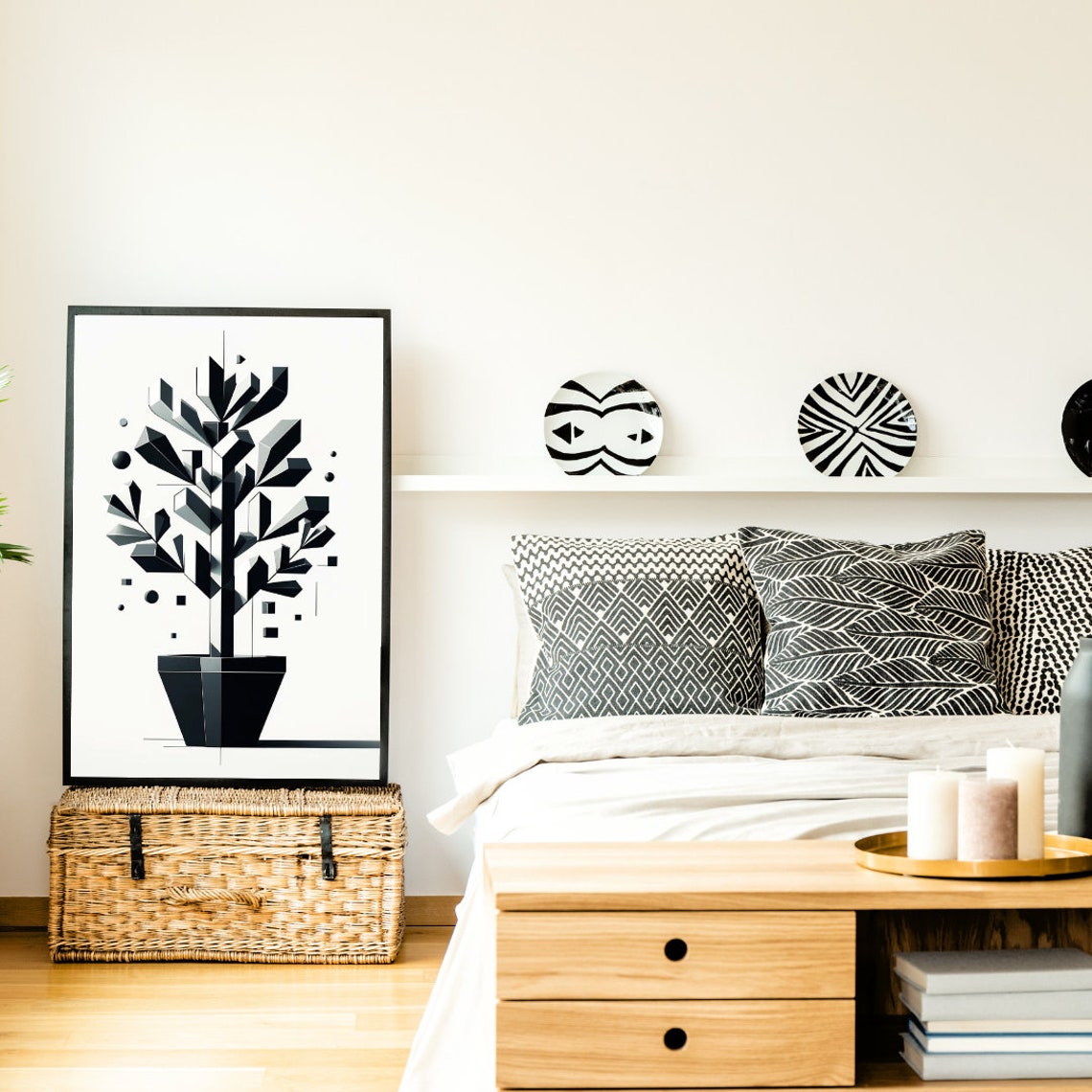 Monochrome Geometric Potted Tree Art Sleek Black And White Abstract Decor Minimalist Tree Design Print For Modern Spaces