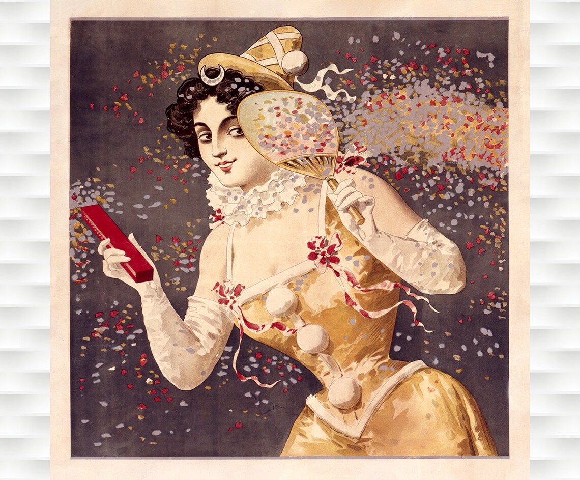Pierrot Harlequin Carnival Woman Fan Confetti Vintage Art Poster
