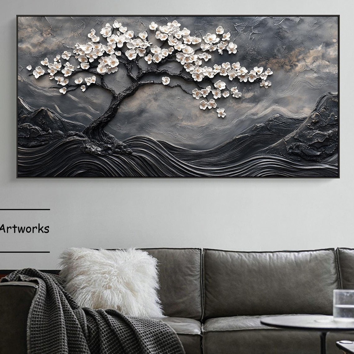 Monochrome Blossoming Tree Over Rolling Stylized Waves Art Poster