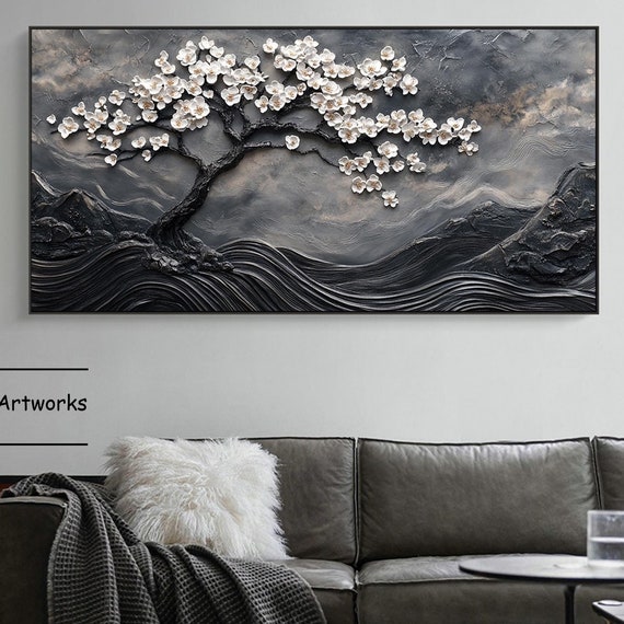 Large 3d Textured Black White Tree Of Life Painting Cherry Blossom Tree Painting Palette Knife Art Wabi Sabi Paining Housewarming Gift