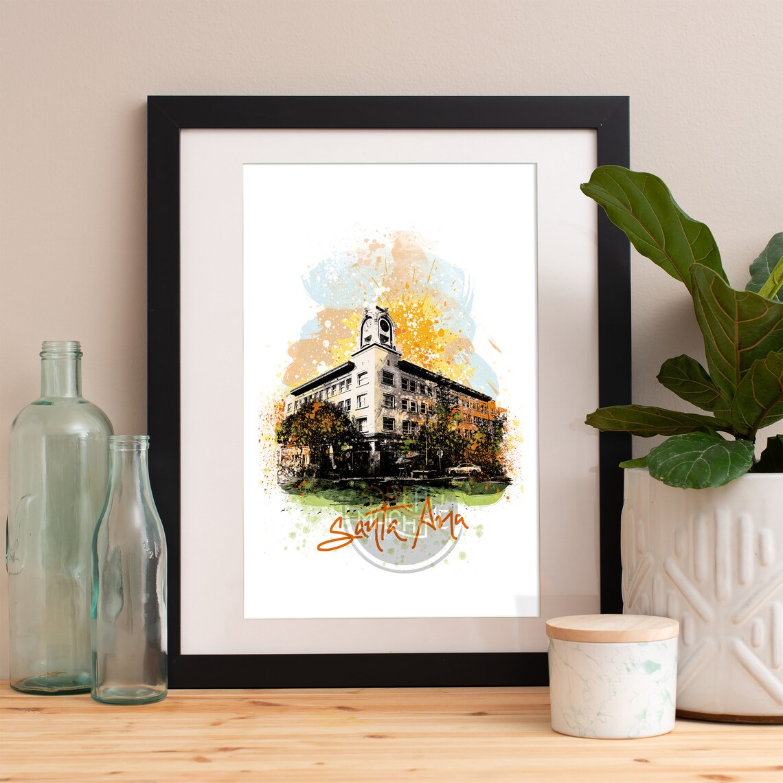 Santa Ana Skyline, Watercolor Travel Poster