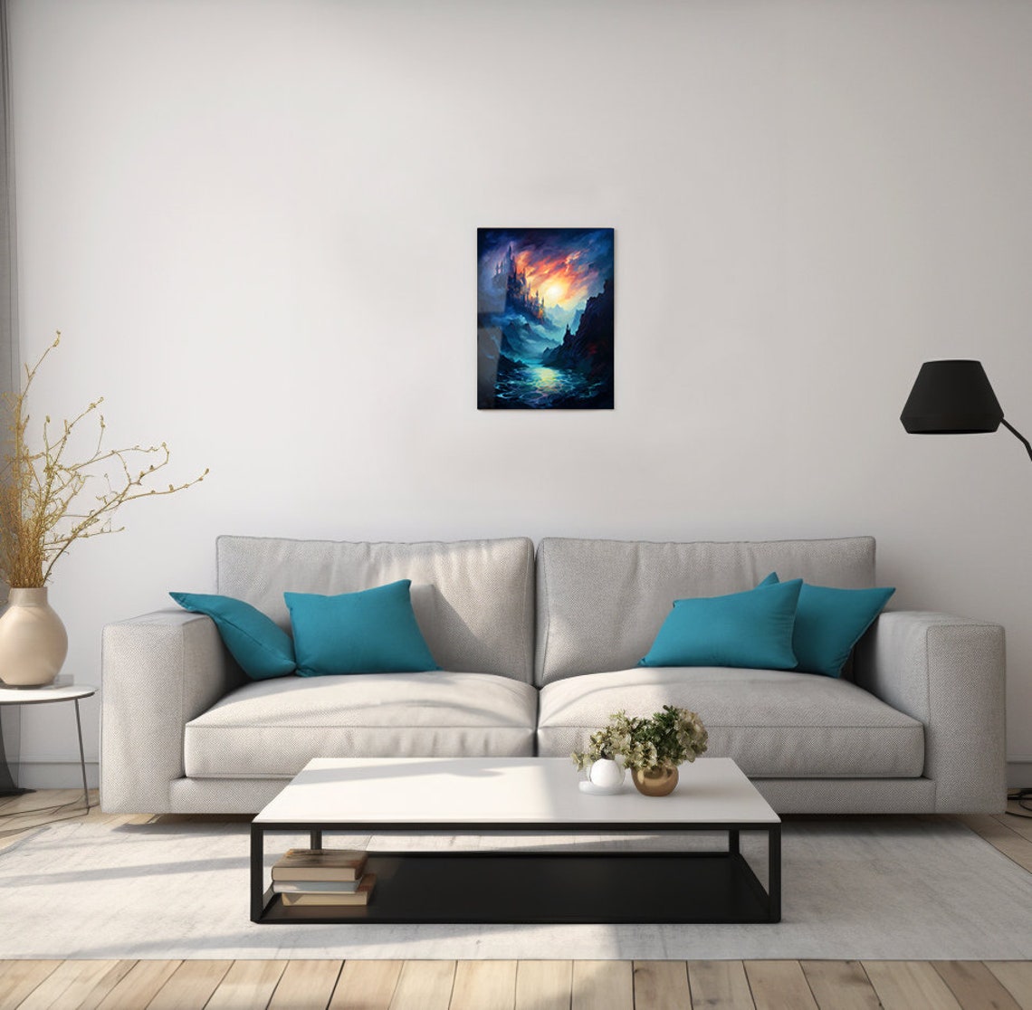 Mountain Castle At Sunset Over Misty Lake Fantasy Landscape Art Poster - Image 2